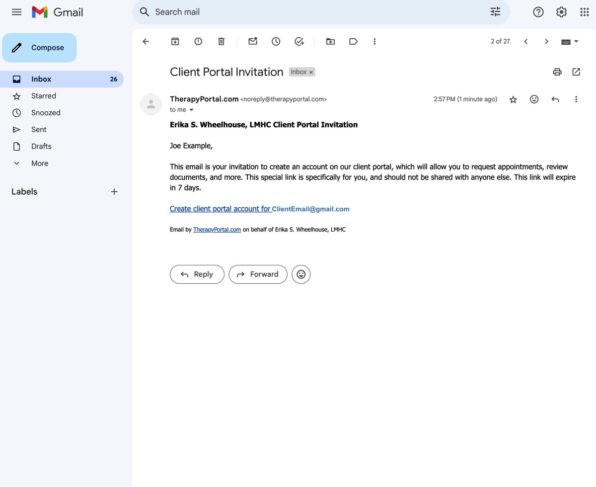 Screen shot showing an email titled "Client Portal Invitation" and informing a hypothetical customer named Joe Example that they can follow the embedded link to the TherapyNotes client portal and set up an account.