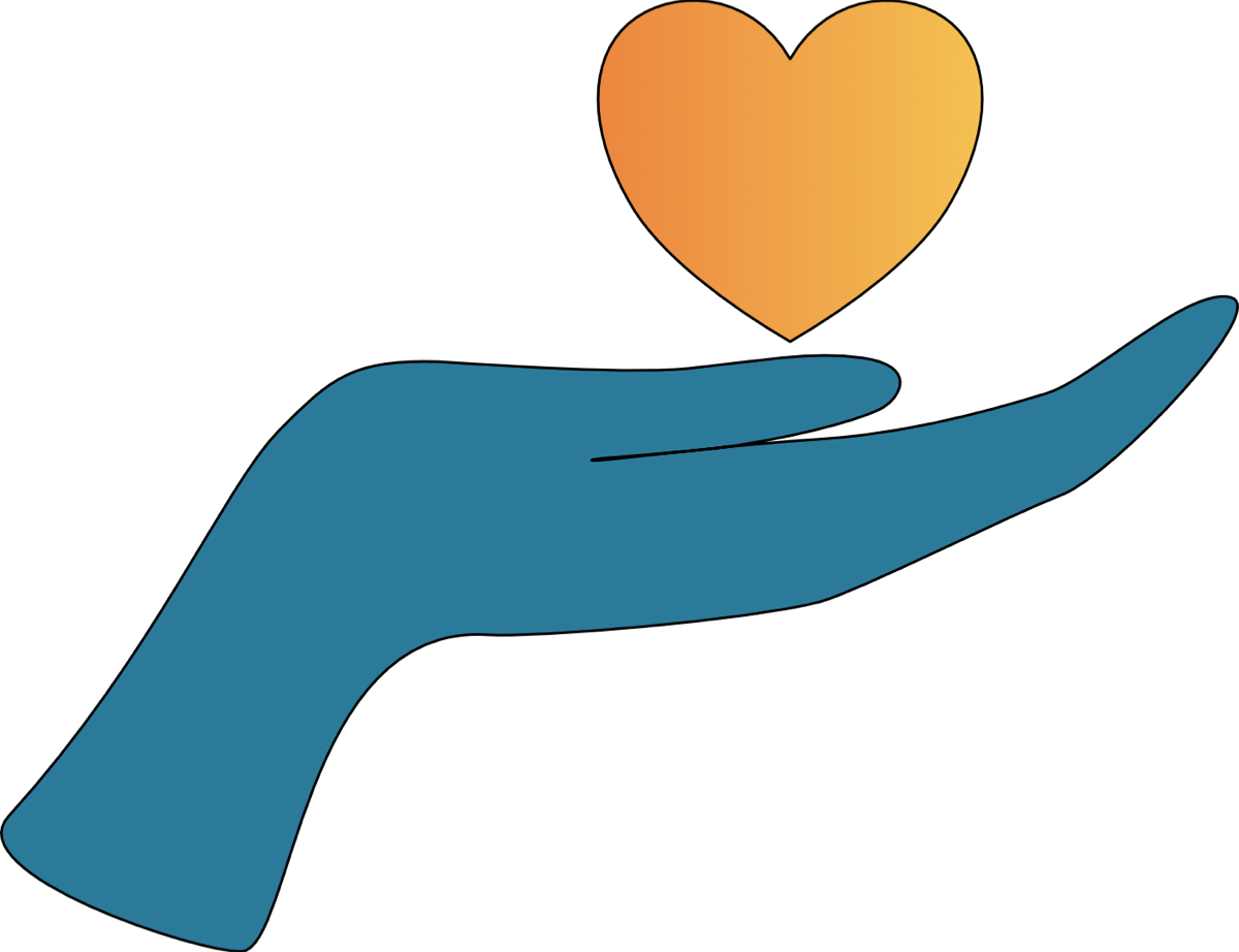 Graphic with blue hand, open palm facing up with light gold heart floating slightly above the palm.