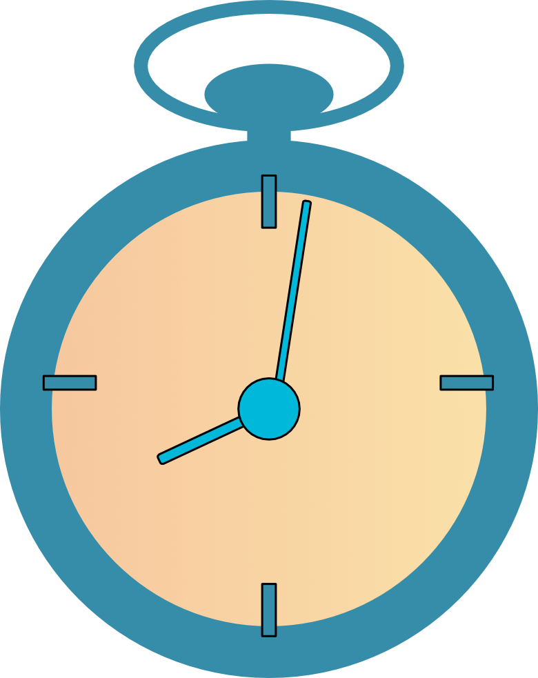 Graphic showing a blue, stylized pocket watch with a light yellow face.  Watche