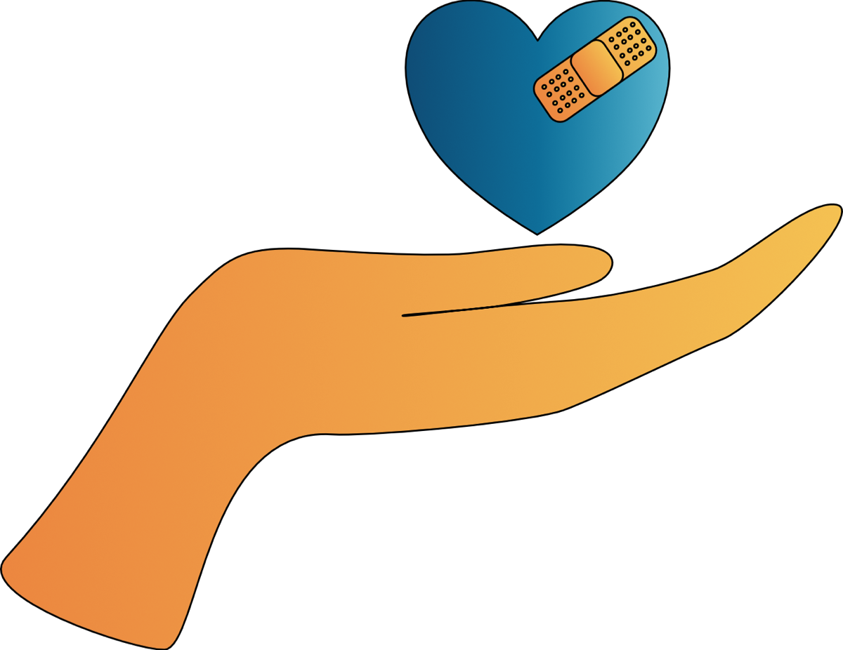 Graphic showing a light orange hand, open with palm up under a floating blue heart.  Heart has a light orange bandage on the right side.  Contains a link to the therapy services page.