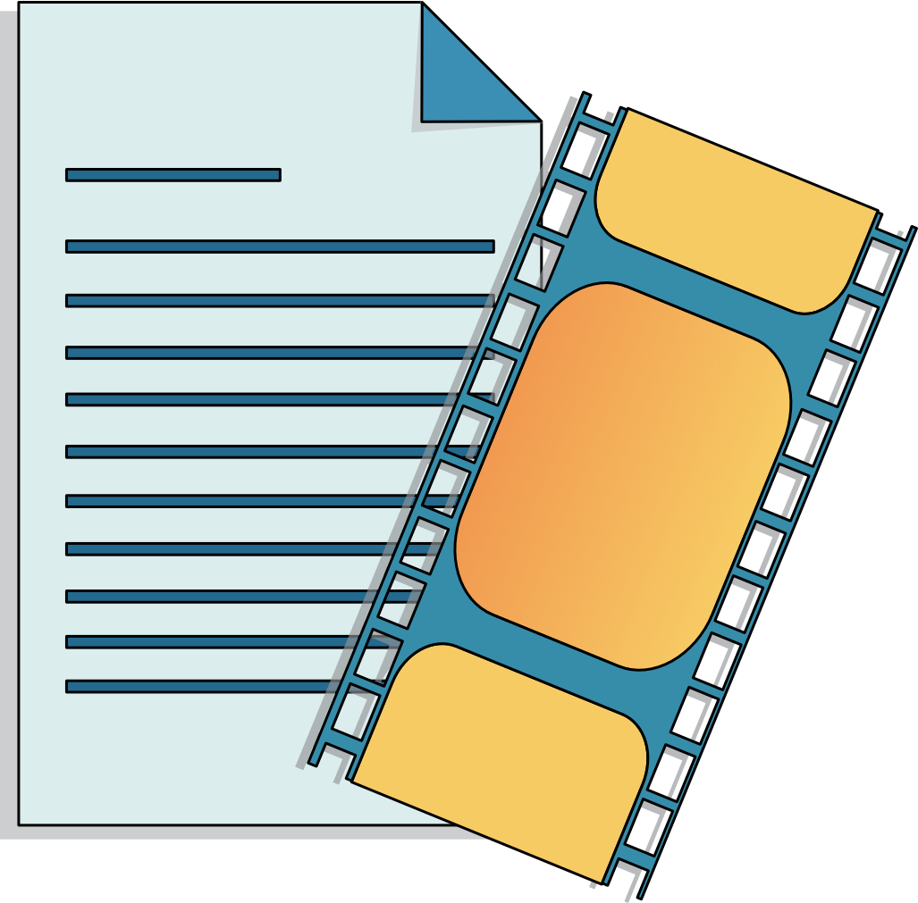 Web icon graphic showing a written page behind a piece of movie film