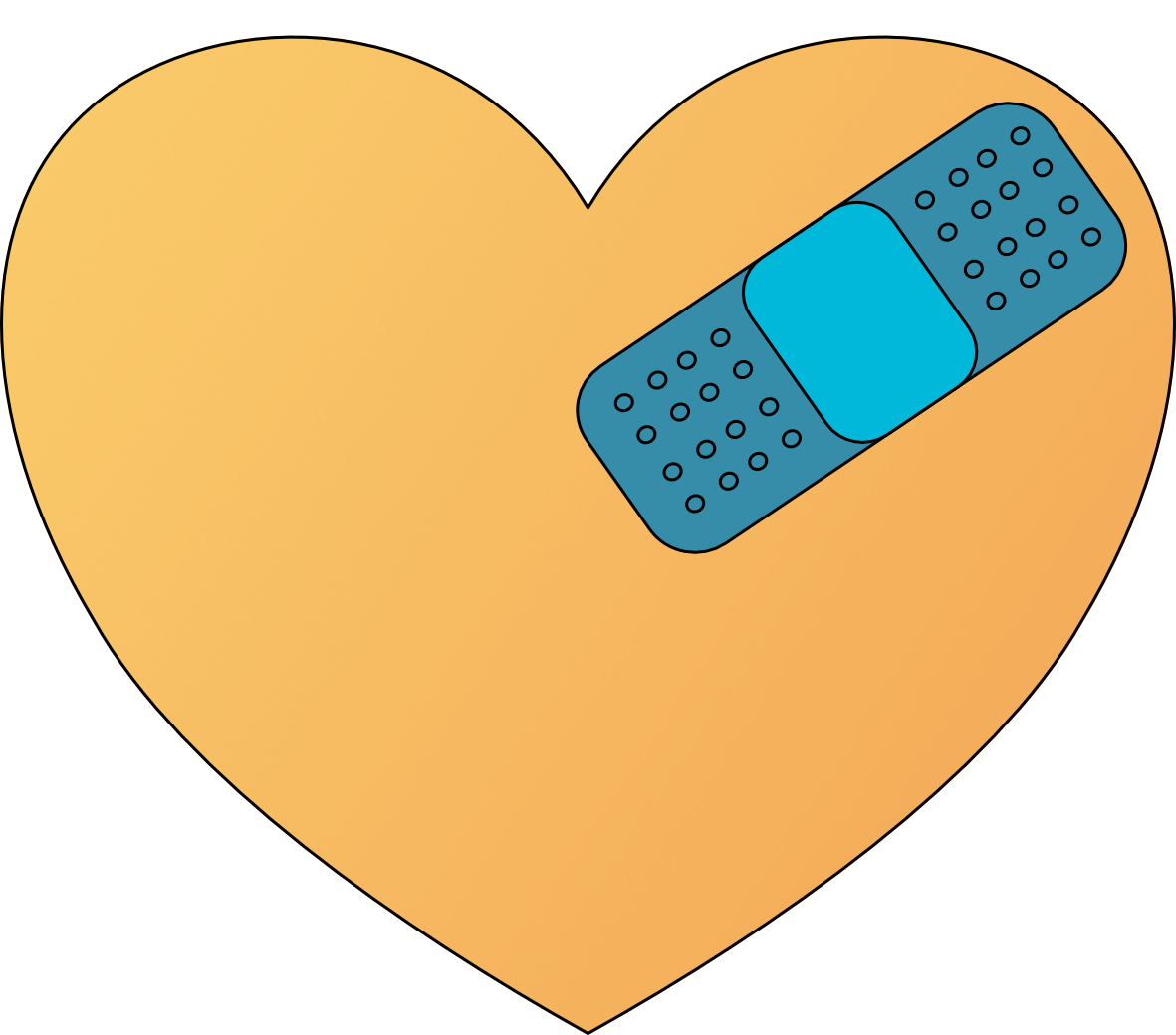 Web Icon in the shape of a yellow heart wit a light blue bandaid across the upper curve