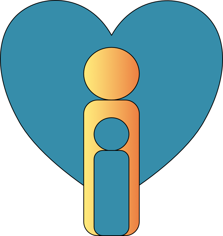 Web icon graphic as the outline of 2 adults and 2 children in yellow and steel blue